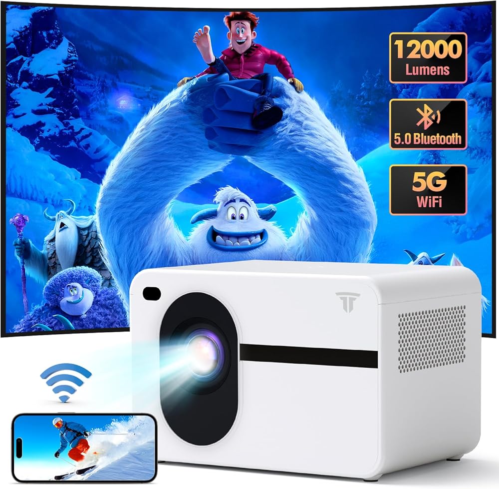 Projector with Wifi and Bluetooth, Native 1080P 12000L Outdoor Portable Video Movie Wifi Projector Home Theater, Projector Compatible with iOS/Android PC/TV Stick/HDMI/USB/AV（White)