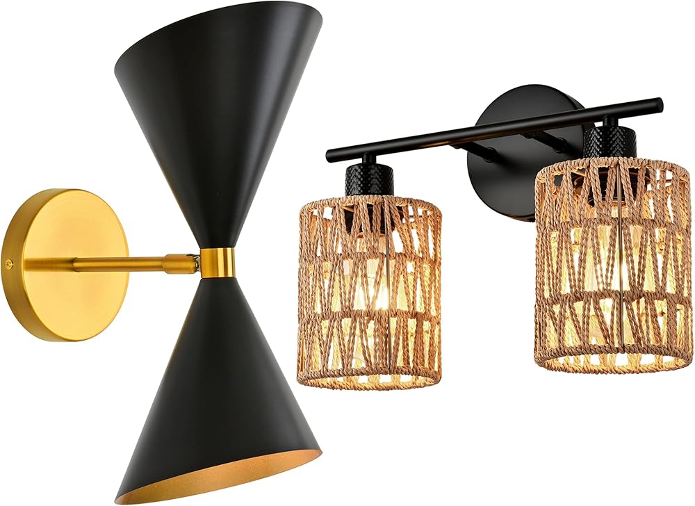 Black and Gold Wall Sconce Bundle Rattan Vanity Light, 2-Light Mid Century Modern Wall Sconce Boho Vanity Lighting for for Bathroom, Mirror Cabinet, Bedroom, Living Room
