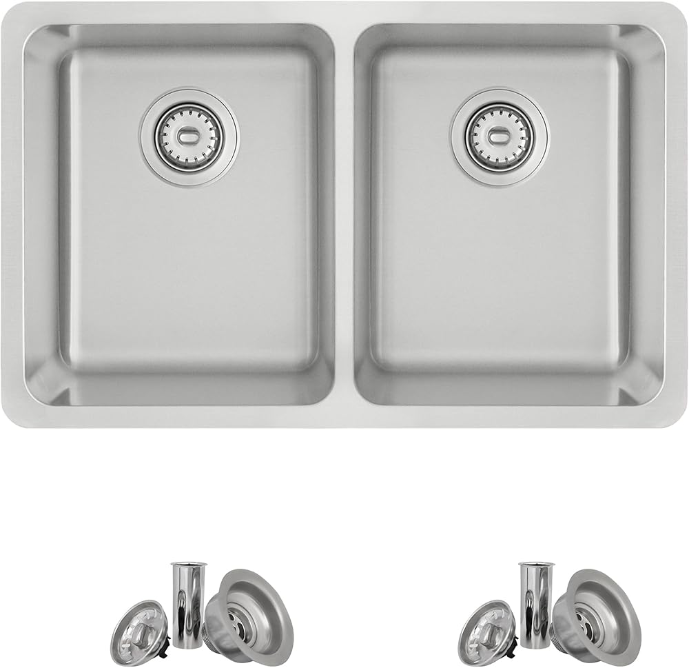 STYLISH 29 x 18 inch Double Bowl Dual Mount 18 Gauge Stainless Steel Kitchen Sink with Standard Metal Strainers, S-414T