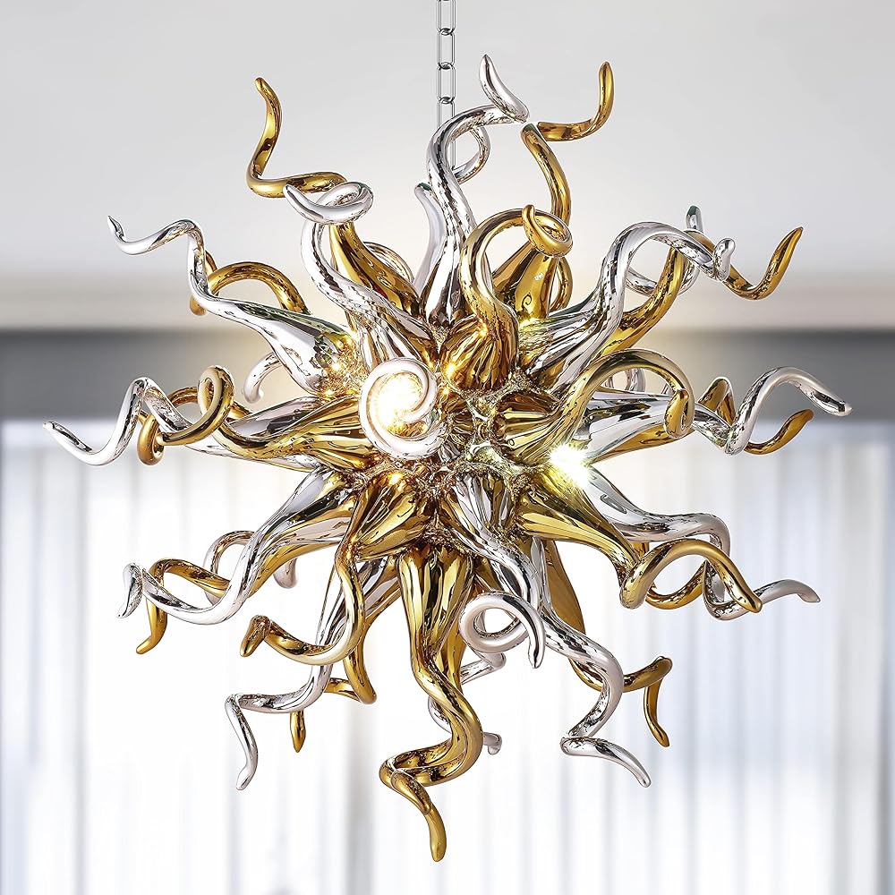 Silver Gold Art Deco Chandelier, Dia 26'' Modern Hand Blown Glass Gilt Electroplating Hanging Pendant Light Fixture for Bedroom, Dining Room, Living Room Home Decoration