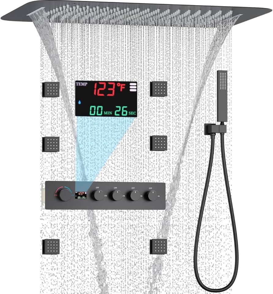 AYIVG Multifunctional Thermostatic Concealed Shower System Matte Black Ceiling Shower Faucet System Brass Shower Faucet Set With Digital Display Shower Valve And Hand Shower And 16 * 24” Shower Head