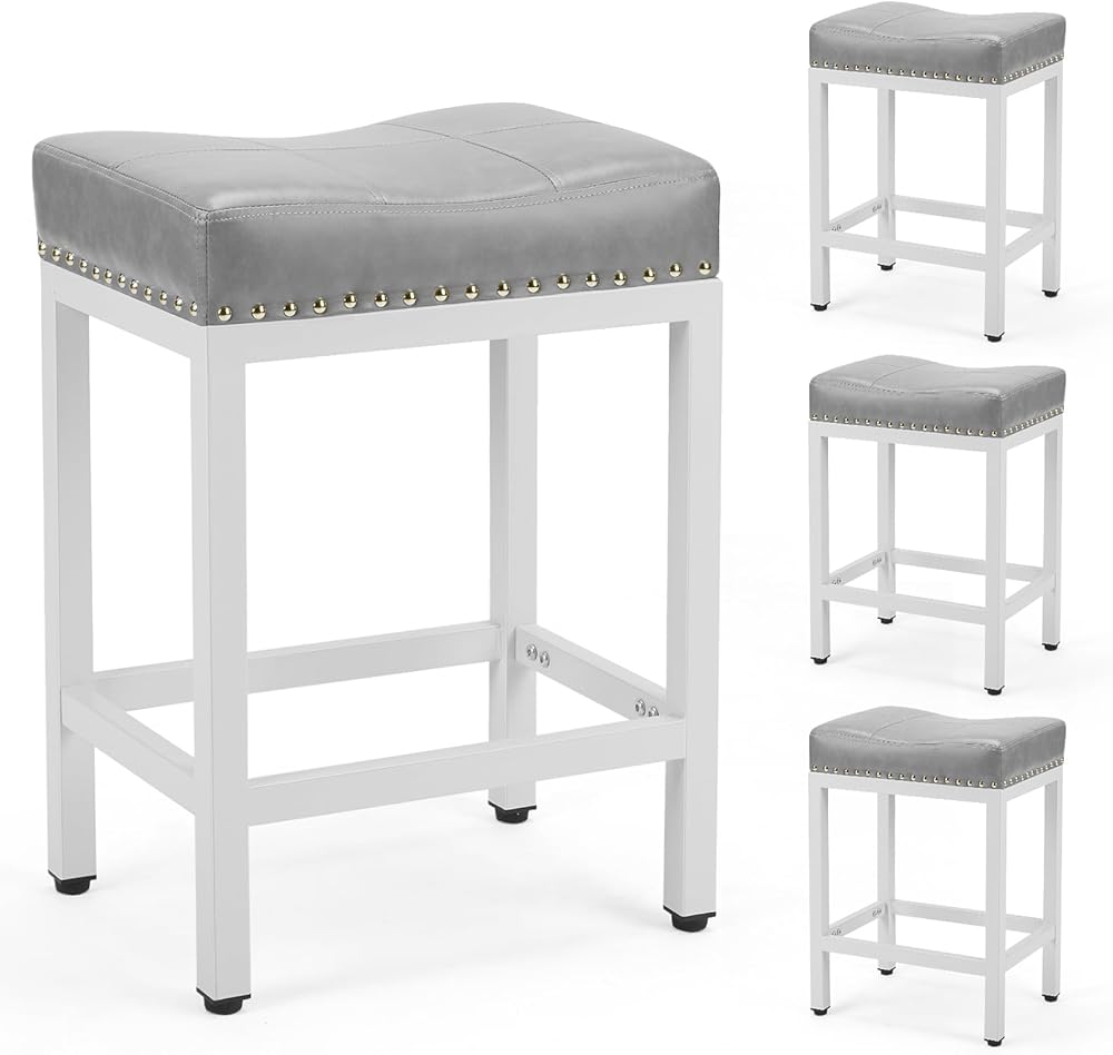 Sweetcrispy Bar Stools Set of 4， 24 inch Counter Height Bar Stools, Upholstered Modern Kitchen Barstools with Metal Base, PU Leather Saddle Stools for Kitchen Island, Grey