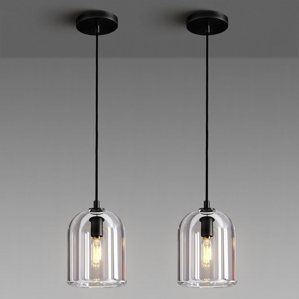 Black Pendant Light Fixtures, Crystal Modern Pendant Lights, Indoor Pendant Light for Kitchen Island Dining Room Living Room Bedroom Bathroom, E12 Bulb Included 2PCS