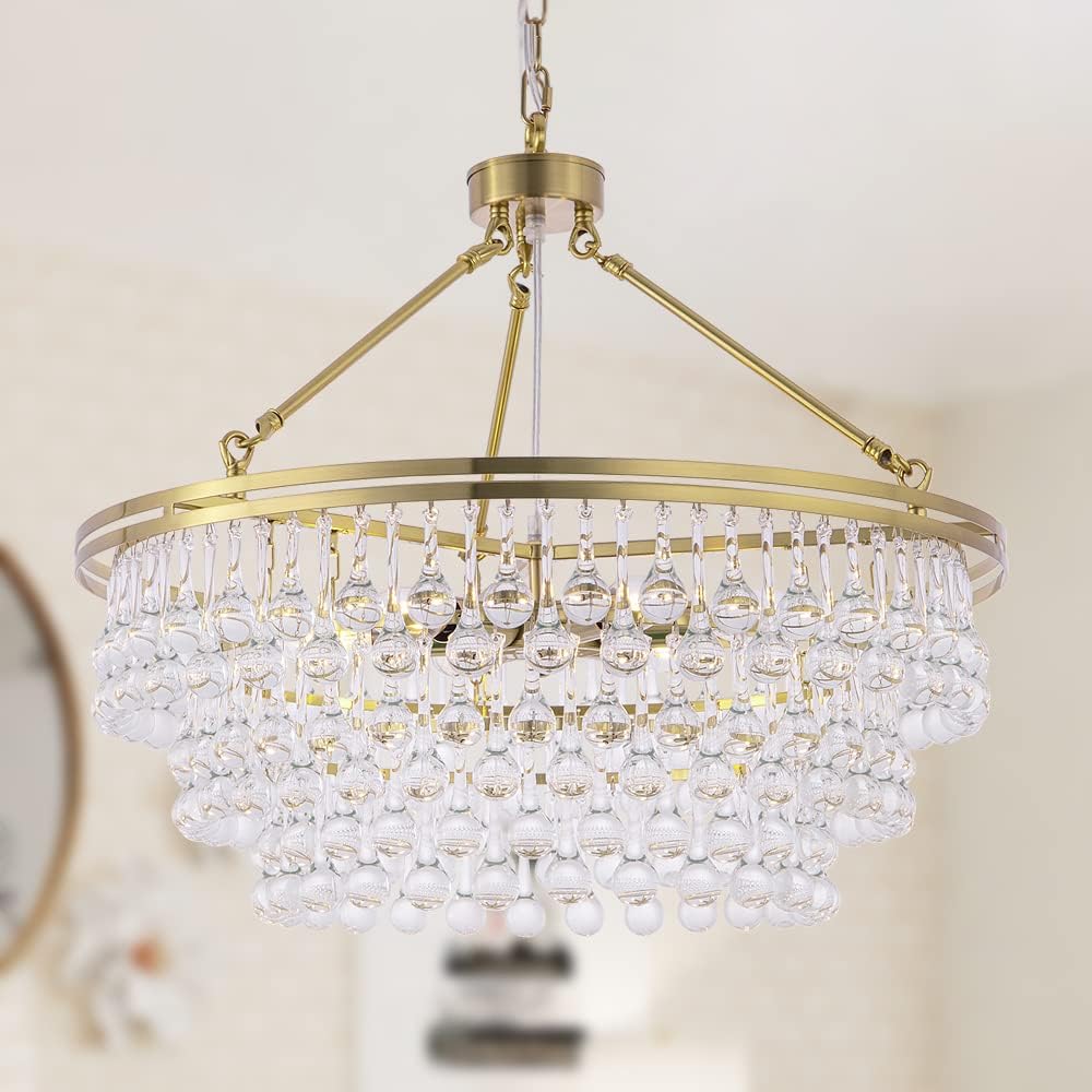 TOCHIC Gold Crystal Chandelier 24 inch, Modern Farmhouse Light Fixtures Ceiling Hanging Crystal Pendant Lighting for Dining Room, Kitchen Island, Living Room, Bedroom, 3 Tiers