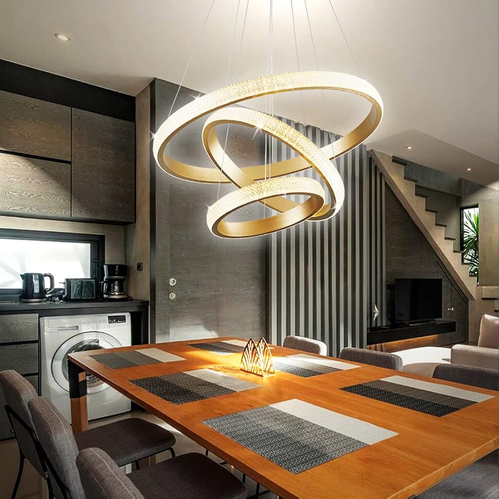 Modern Gold Chandelier Light Fixture,Modern Crystal Chandelier 3 Rings Chandelier Dimmable,Luxury Led Chandelier Crystal Modern Chandelier for Dining Room Height Adjustable Led Pendant Light