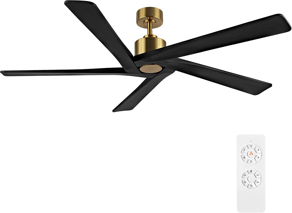 WINGBO 54 Inch DC Ceiling Fan without Lights, 5 Reversible Carved Solid Wood Blades, 6-Speed Noiseless DC Motor, Ceiling Fan No Light with Remote, Brass Finish with Black Blades, ETL Listed