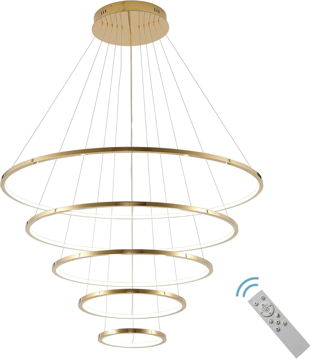 Gold 5 Ring Led Chandelier Modern Led Chandeliers Lighting Dimmable High Ceiling Chandelier Large Luxury Contemporary Sloped Ceiling for Entryway Foyer Hall Hotel Staircase 96W 39 inch
