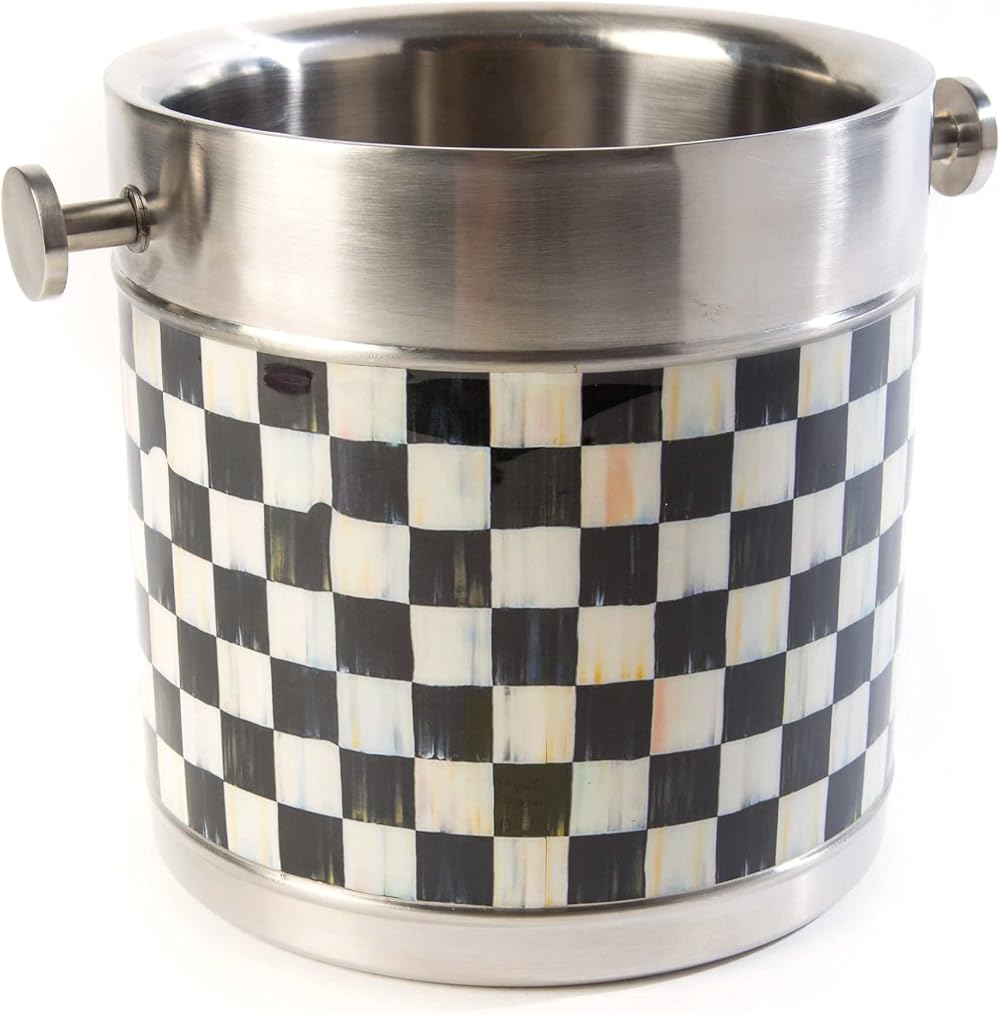 MACKENZIE-CHILDS 3260 Ice Bucket, Decorative Stainless-Steel Bucket, Ice-Cube Bin for Parties, Black-and-White Courtly Check