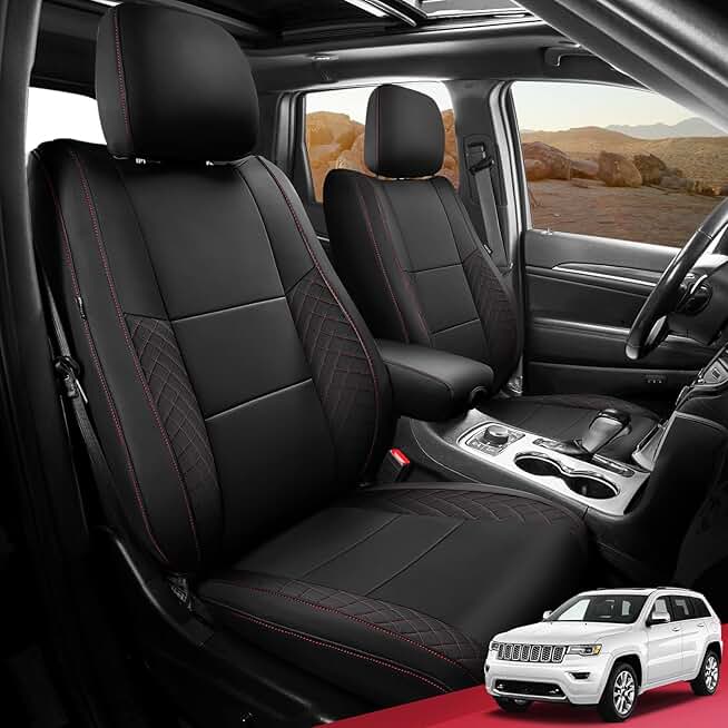 FREESOO for Jeep Grand Cherokee Seat Covers 2011-2021, Luxury Leather Car Seat Covers, Waterproof Seat Covers for Cars, Automotive Seat Covers Protector Cushion Accessories, Black-Red Full Set