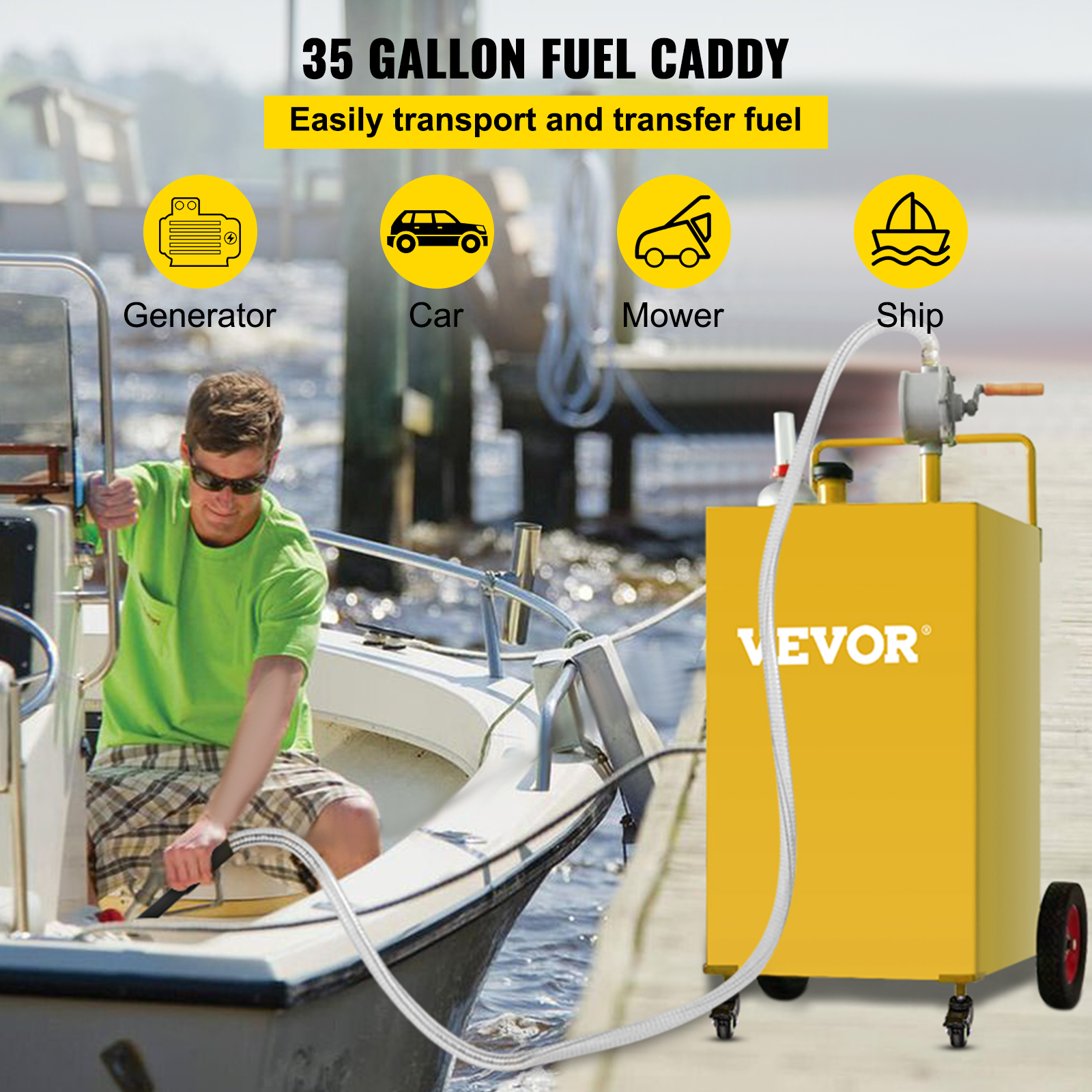 SKYSHALO 35 Gallon Gas Caddy, Fuel Storage Tank with 4 Wheels, Portable Fuel Caddy with Manuel Transfer Pump, Gasoline Diesel Fuel Container for Cars, Lawn Mowers, ATVs, Boats, More, Yellow