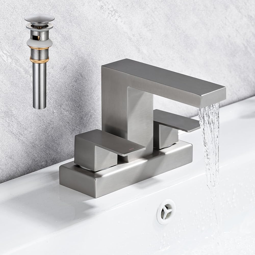 4 Inch Centerset Waterfall Bathroom Faucet, Modern 2 Handle 2-3 Hole Lavatory Mixer Tap 4 Inch Waterfall Vanity Basin RV Faucet with Overflow Pop Up Drain, Brushed Nickel