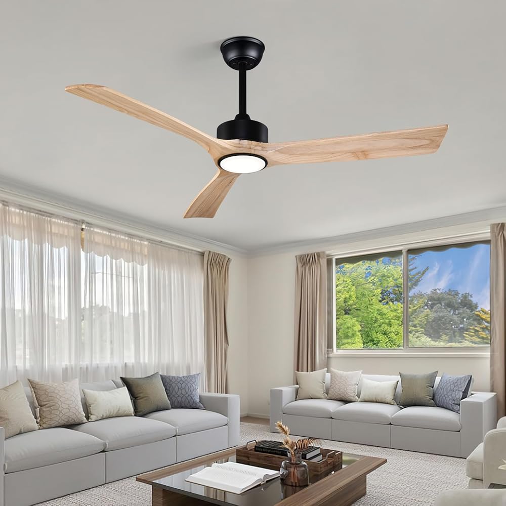 52 Inch Modern Wood Ceiling Fan with Lights and Remote - Reversible Wood Blades, Silent Operation, Warm Soft Light, Suitable for Indoor and Outdoor Spaces
