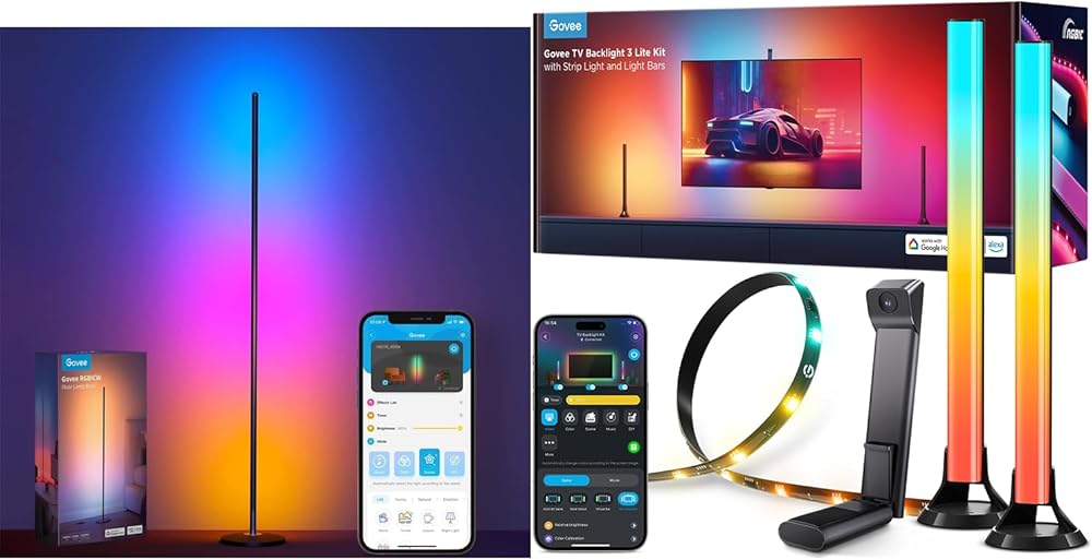 Govee RGBIC Floor Lamp bundle TV Backlight 3 Lite Kit, 11.8ft RGBICW Wi-Fi TV LED Strip Lights with Camera