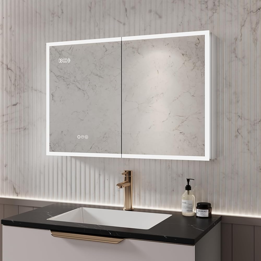 37 x 26 inch Bathroom Medicine Cabinet with LED Mirror, 3 Color Temperature, Anti-Fog, Time&Temp Display, Memory Function, Adjustable Shelves, Surface Mount LED Lighted Cabinet, Double Door