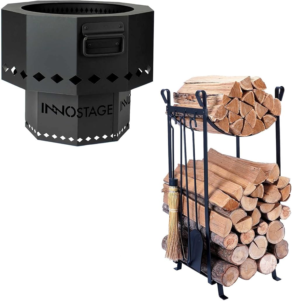 Fire Bowl Pit for Outdoor Wood Pellet Burning Spark and Fireplace Log Rack with 4 Pcs Fireplace Tools Sets