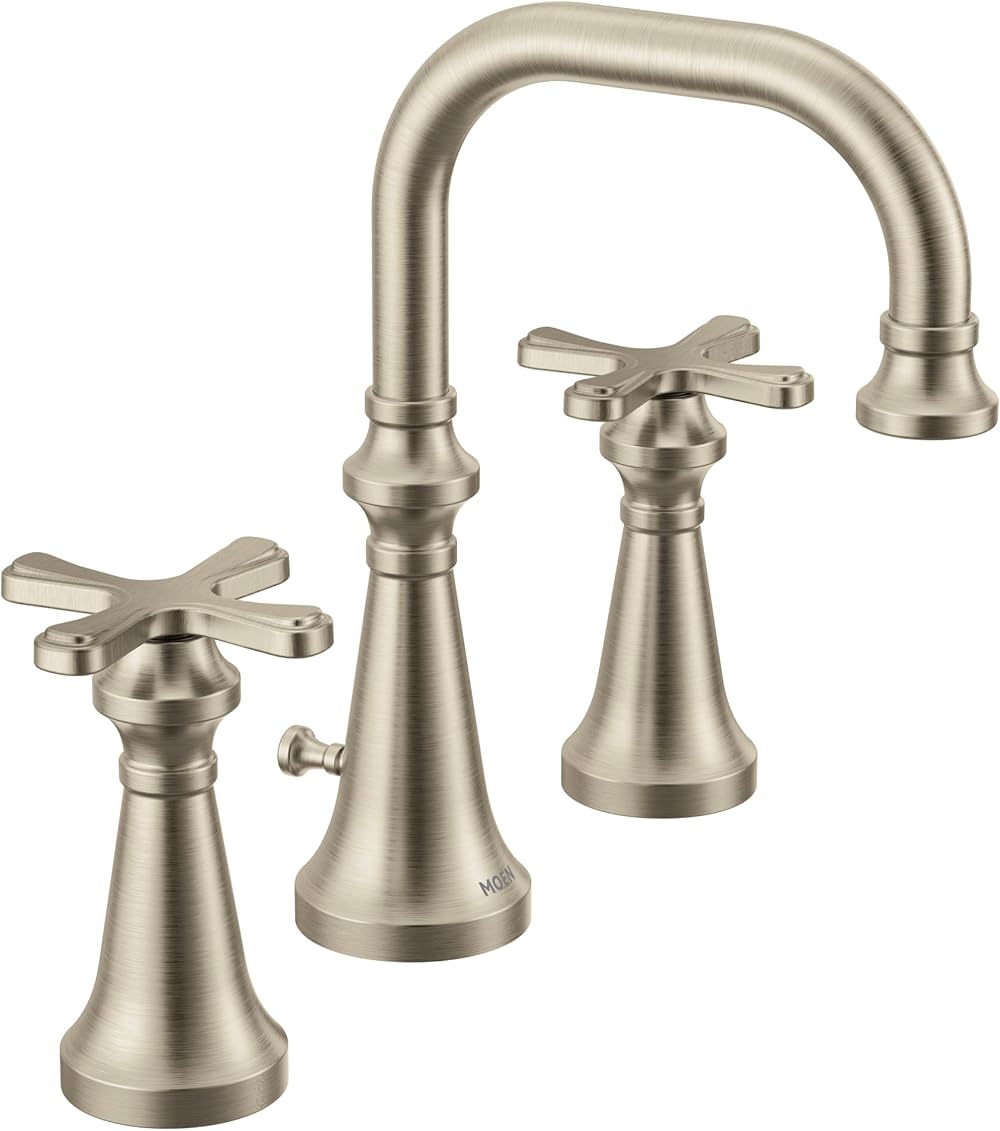 Moen TS44103BN Colinet Traditional Two-Handle Widespread High-Arc Bathroom Faucet with Cross Handles, Valve Required, Brushed Nickel