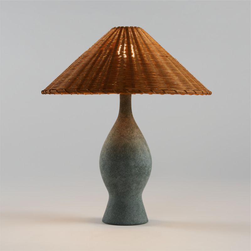 Courbe Green Ceramic Table Lamp with Rattan Shade by Athena Calderone