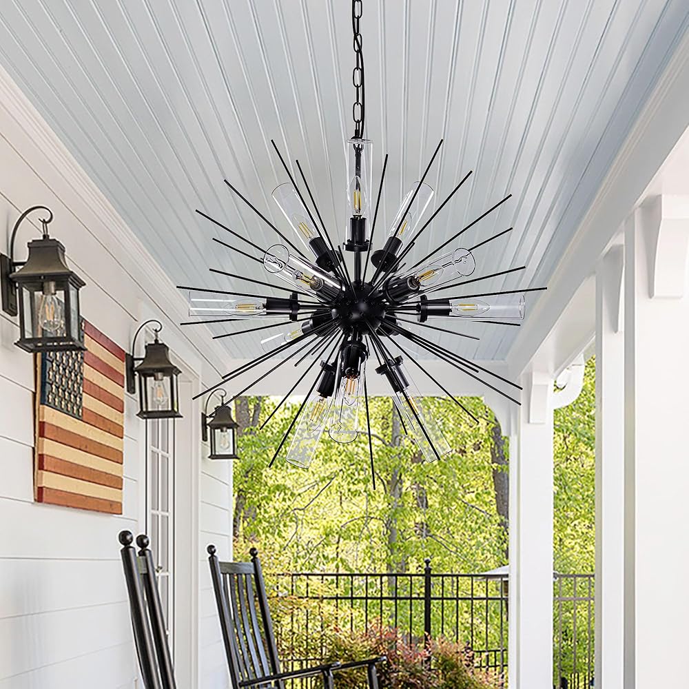 Wellmet Black Sputnik Chandelier Light 12 Lights, Mid Century Modern Chandeliers for Living Room, Outdoor Lighting Fixture Hanging for foyer, Sphere Pendant Lights for Dining Room Bedroom Entryway