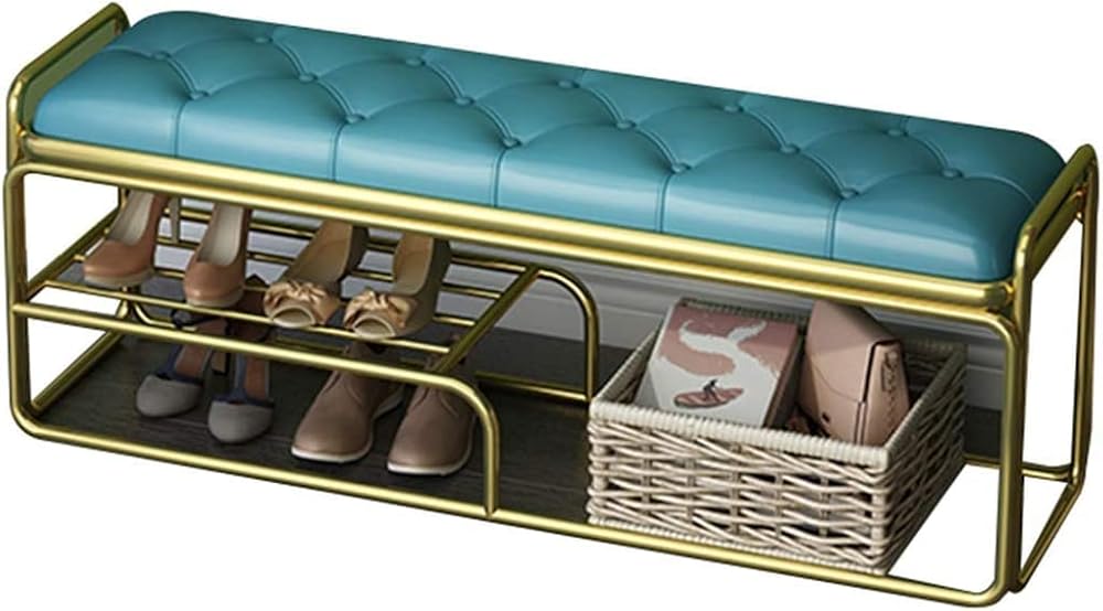 Shoe Storage Bench Entryway Hallway Furniture, Entryway Shoe Bench Rack Nordic Simplicity, Household Shoe Cabinet with Leather Cushion, Wrought Iron Metal Shoe Rack Stool(Blue,60*38*43cm)
