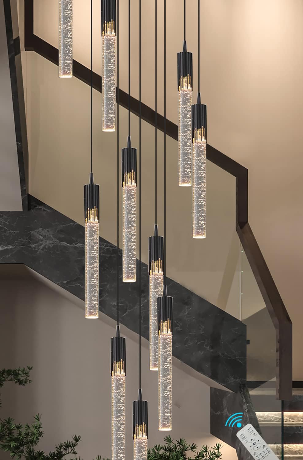 10feet Adjustable Long Attic Chandliers 10-Light Black Metal Transparent Crystal with Bubble Pendant Light Staircase Entrance Foyes High Ceiling Crystal Chandelie LED Dimmable 2700K-6000K