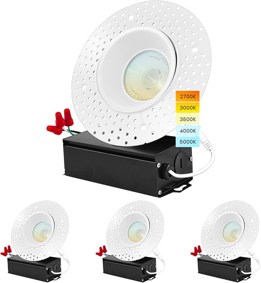 LUXRITE 4 Inch Trimless LED Recessed Lighting, 5 Color Selectable 2700K-5000K, Plaster Downlight, 1000 Lumens, Dimmable, Wet Rated, IC Rated, Narrow Spotlight, ETL Listed (4 Pack)