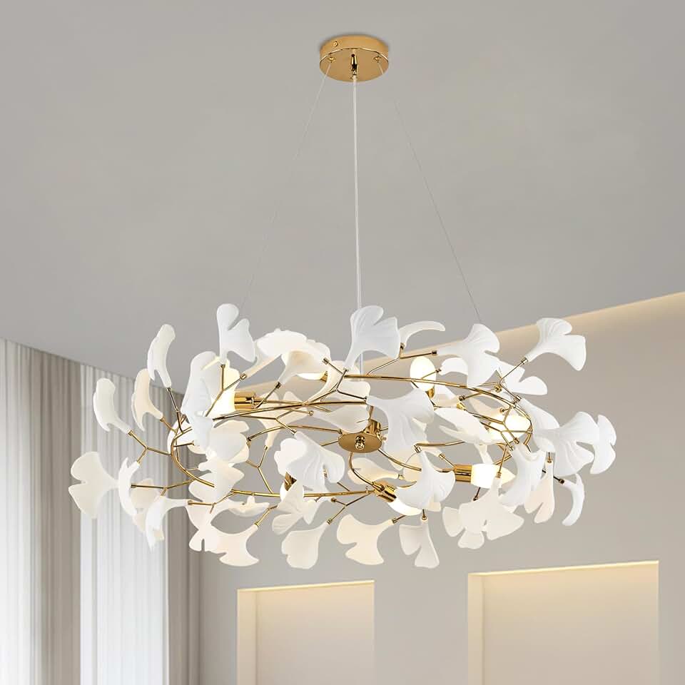 Chandeliers for Dining Room - D23.6'' Modern Gold Round Brass Tree Branch Chandelier, Art Deco Leaf Foyer Bathroom Chandelier for Bedroom, Living Room, High Ceilings