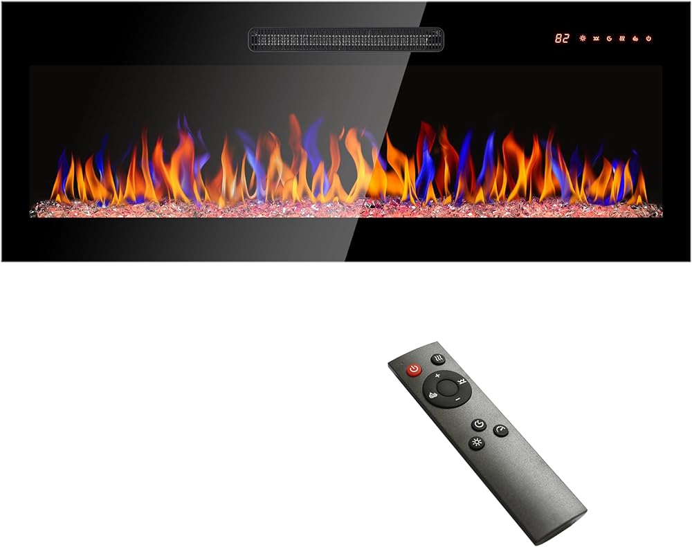 GOWE 42 inch recessed Ultra Thin Tempered Glass Front Wall Mounted Electric Fireplace with Remote and Multi Color Flame & emberbed, LED Light Heater