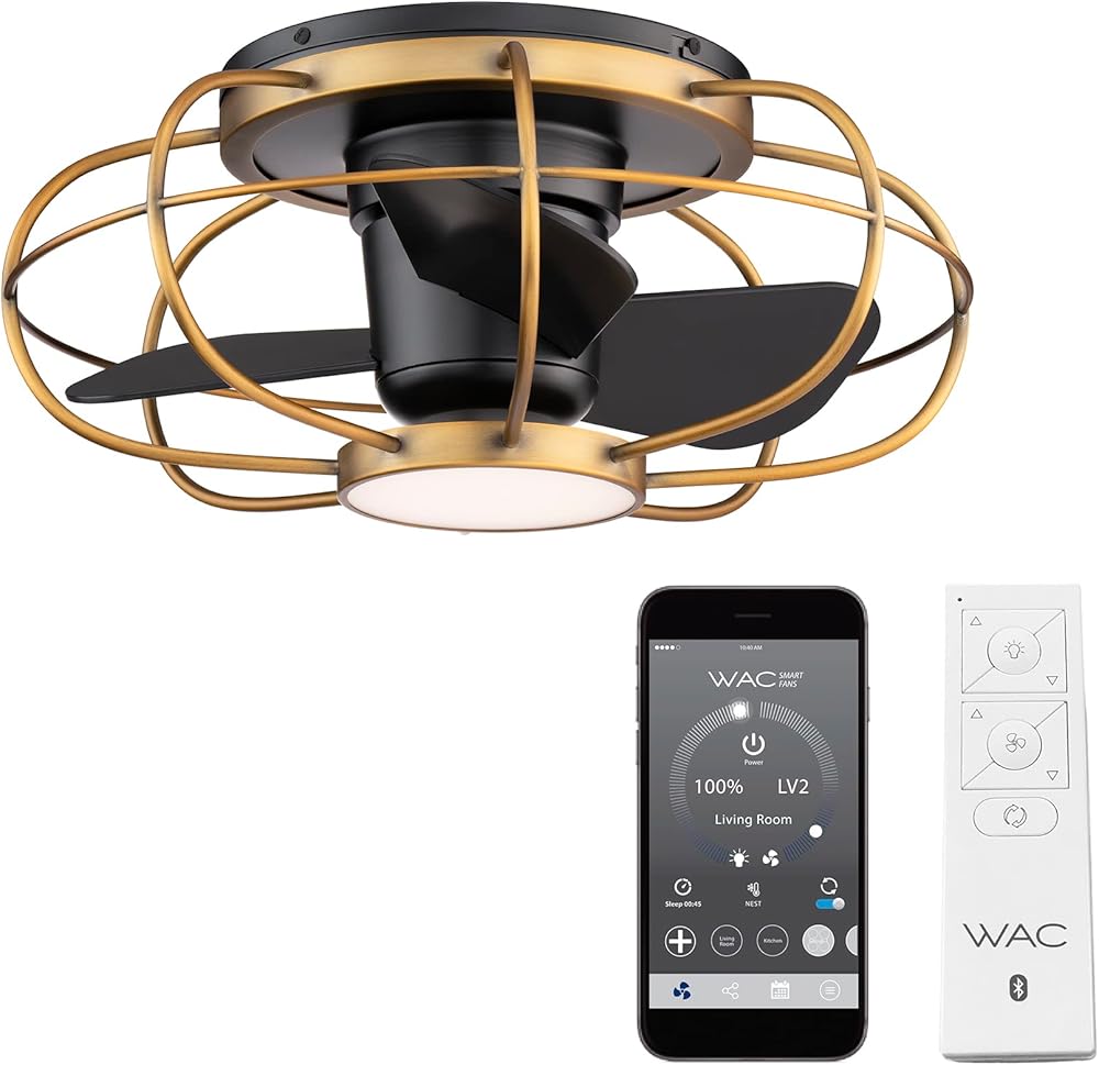 WAC Smart Fans Aella Indoor and Outdoor 3-Blade Caged Flush Mount Ceiling Fan 22in Aged Brass Matte Black with 3000K LED Light Kit and Remote Control works with Alexa and iOS or Android App