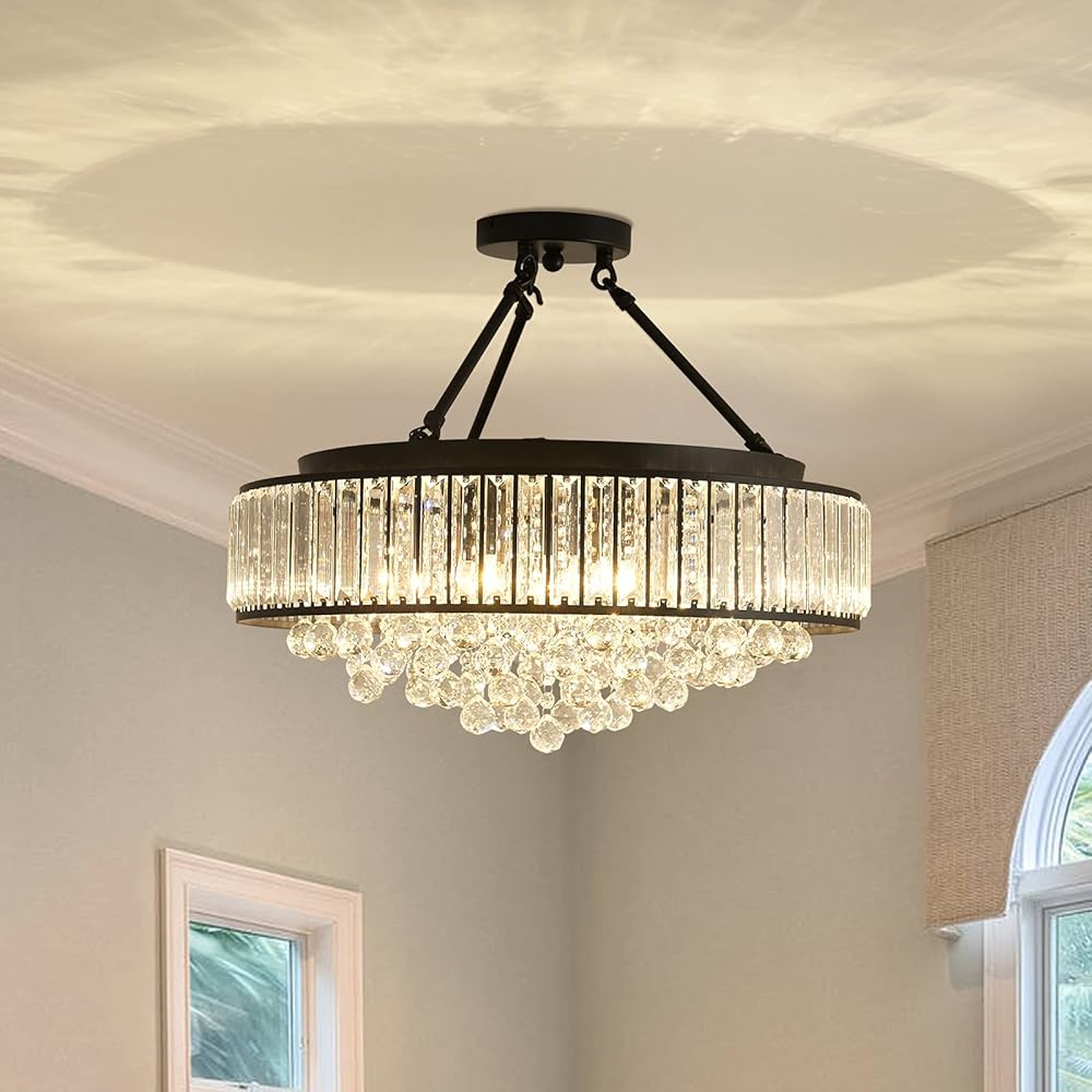 YYJLX 6-Light Modern Large Crystal Chandelier Black Metal E26 Semi Flush Mount Round Light Fixture Ceiling Lamp Farmhouse for Dining Living Room Laundry Foyer Kitchen Balcony Bedroom