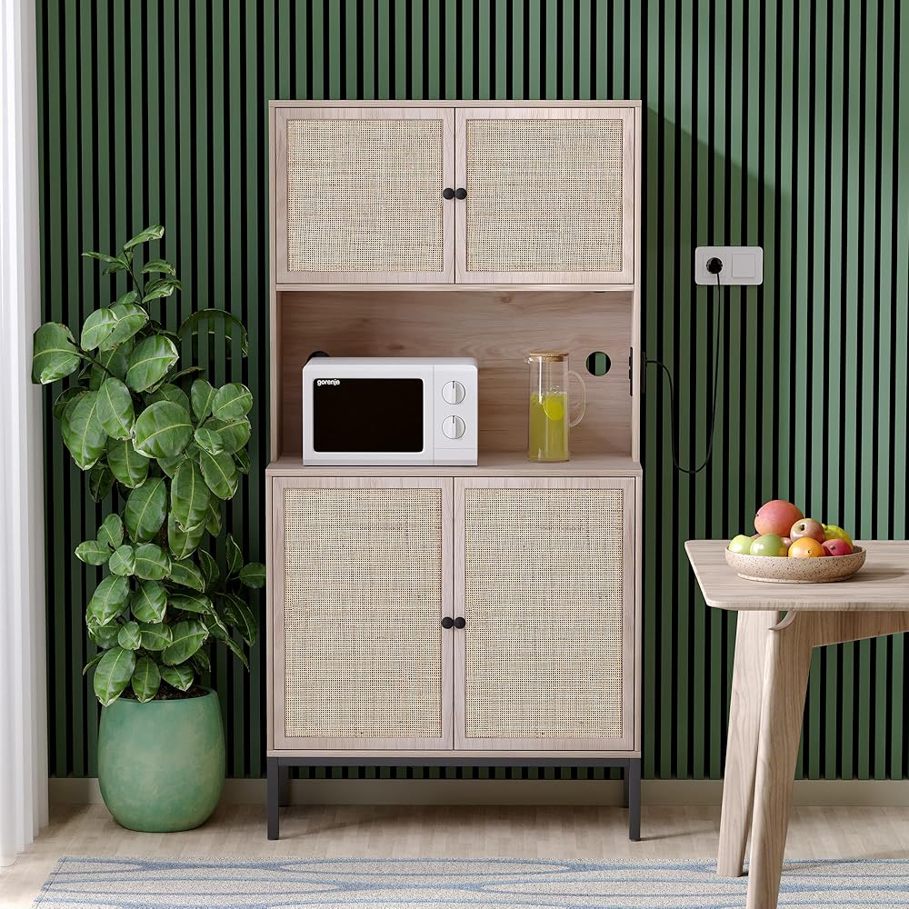Yechen Storage Cabinet with Natural Handmade Rattan Wicker Doors, Freestanding Sideboard with Large Countertop, Kitchen Buffet,Oak