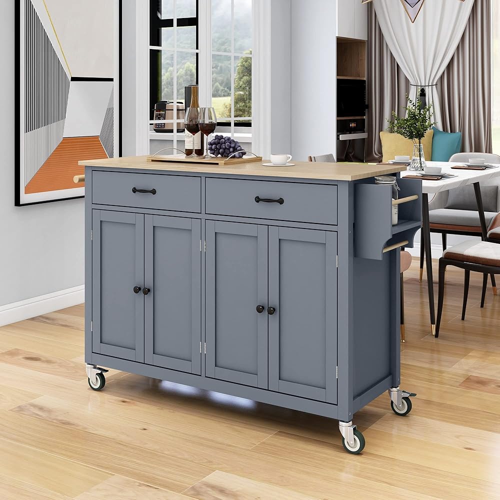 Kitchen Island Cart on Locking Wheels with 4 Cabinet and 2 Drawers, Rolling Coffee Bar Trolley w/Solid Wood Tabletop, Adjustable Shelves, Spice & Towel Side Rack, for Dining Room, Gray