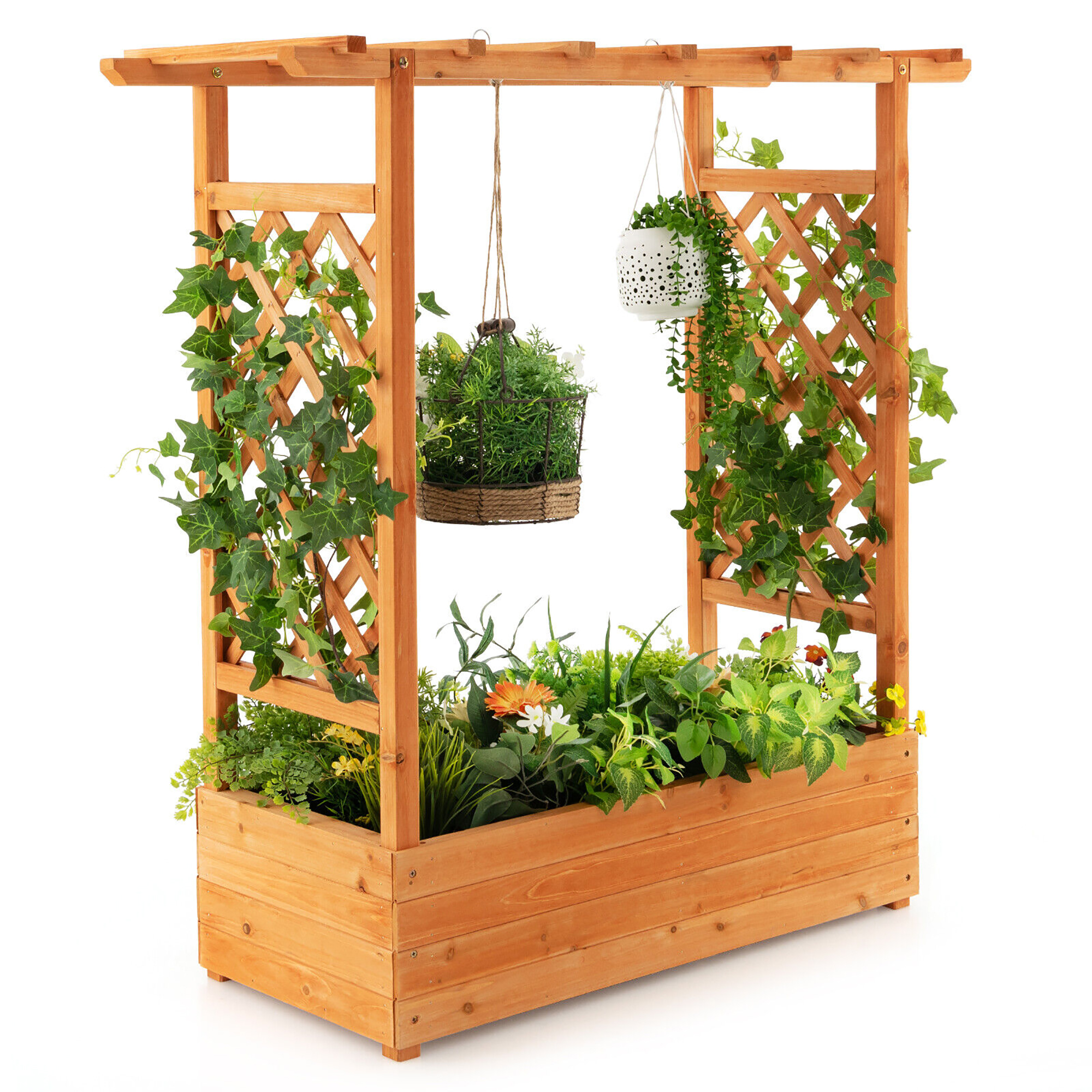 Gymax Raised Garden Bed Planter Box w/ Side & Top Trellis for Vine Climbing Plants