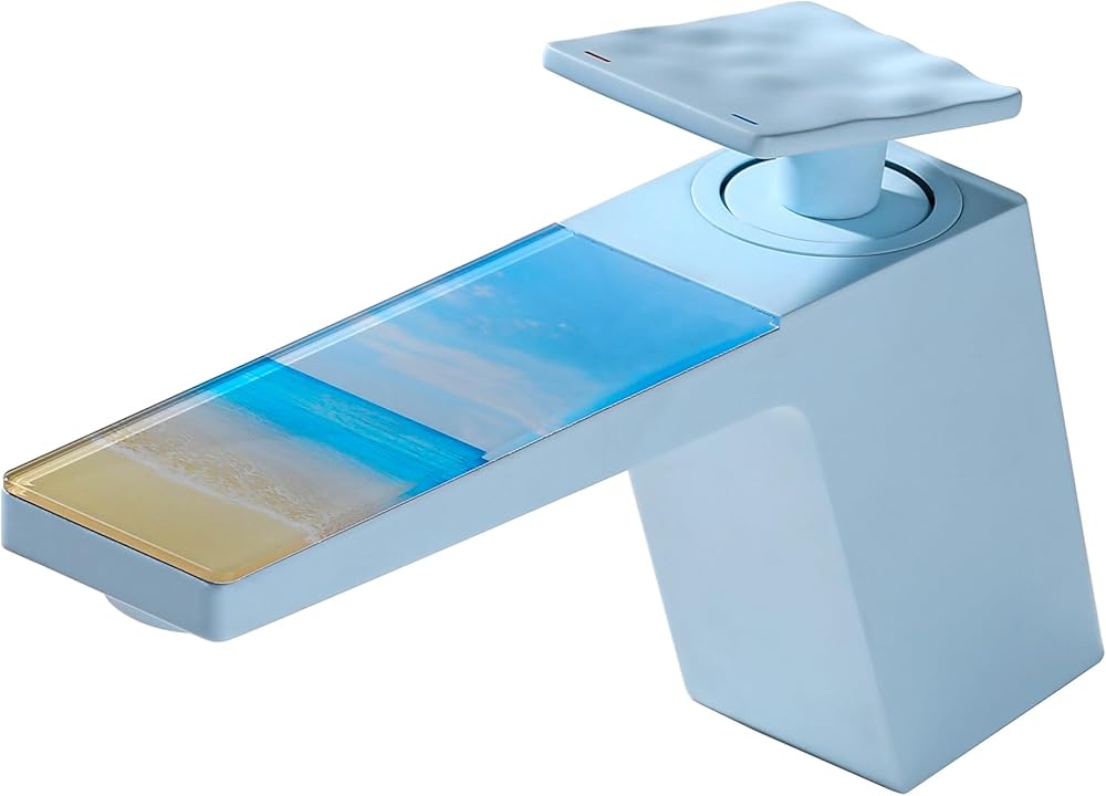 Pastel Blue Single Hole Bathroom Sink Faucet with Tempered Glass Spout, Single Handle Faucet for Bathroom Vanity