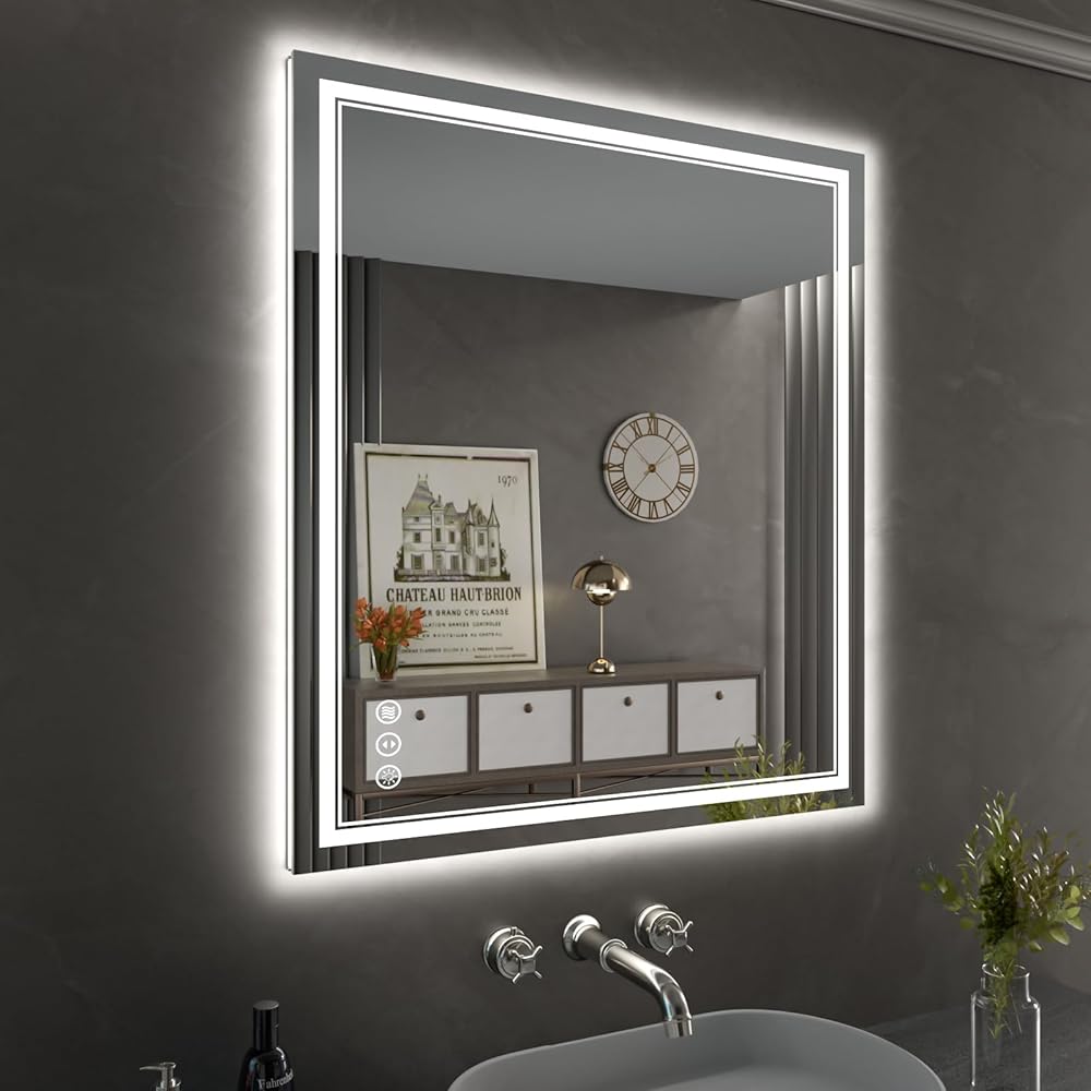 32 x 36 Inch LED Bathroom Mirror, Front Light and Backlit Anti-Fog Dimmable Memory Lighted Vanity Mirror, Shatterproof Wall-Mounted Led Mirror for Bathroom