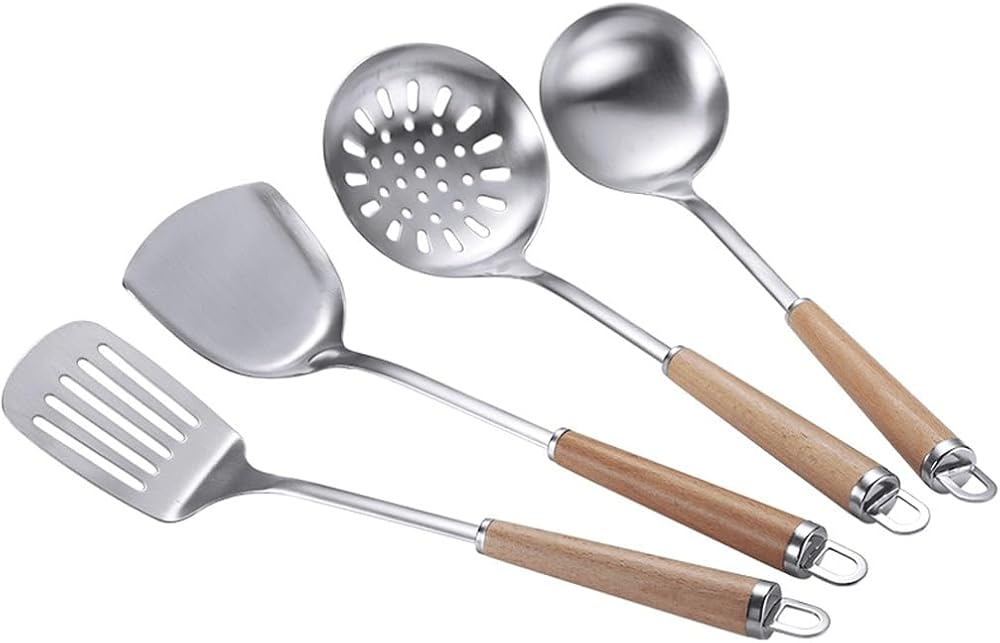 Stainless Steel Wooden Spatula Cooking Utensils Home Cooking Slotted Spoon For Kitchen Essentials