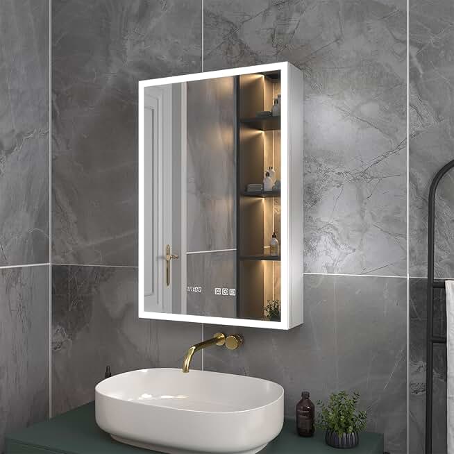 ExBrite Lighted Medicine Cabinet 20 x 30 Inch,Recessed or Surface led Medicine Cabinet, Clock&Room Temp Display,Defog,Dimming,Medicine Cabinet with Lights 3-Color Temper Chang,Hinge on The Left