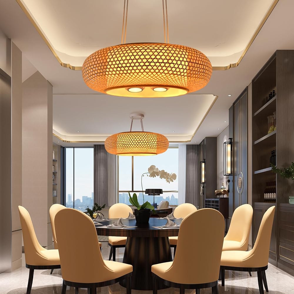 Vintage Bamboo Woven Light Creative Chandeliers Pendant Light Wicker Light for Farmhouse,Bamboo Pendant Light Fixture for Kitchen -31.49in White