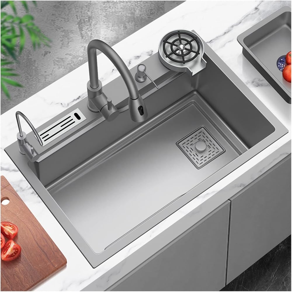 304 Stainless Steel Single Bowl Kitchen Sink Gun Gray Bar Sink Multi-Purpose Nano Sink Rv Sink with Pull-Out Faucet and Cup Washer Top Mount Or Undermount (Color : Gun Gray, Size : 80x50x20c