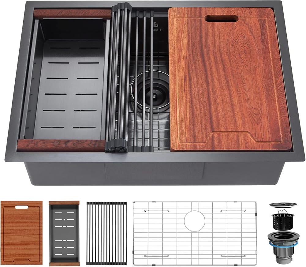 27-inch Undermount Workstation Kitchen Sink, GABETLET 16 Gauge Stainless Steel Kitchen Sink with Nano Coating & Brushed Finish, Matte Black Single Bowl Deep Kitchen Sink with Ledge and Accessories