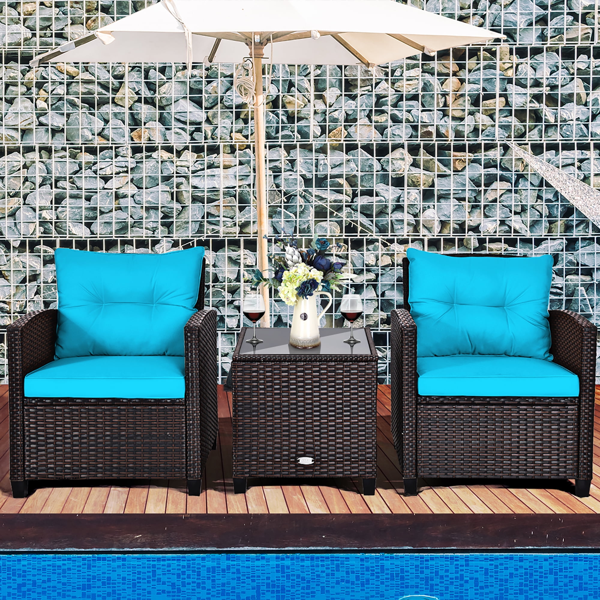 Costway 3PCS Patio Rattan Furniture Set Cushioned Conversation Set Sofa Turquoise