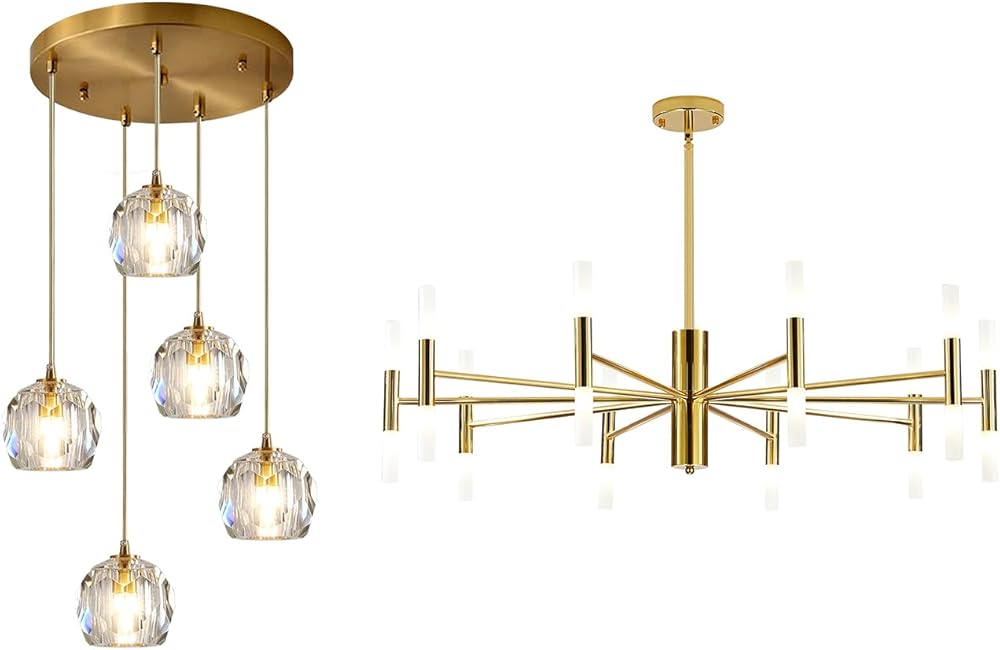 Mid Century 5-Lights Cluster Pendant Lighting Modern Gold Crystal Kitchen Island Pendant Light Modern Gold Brass LED Sputnik Chandelier 20-Light Luxury Round Pendant Lighting Fixture