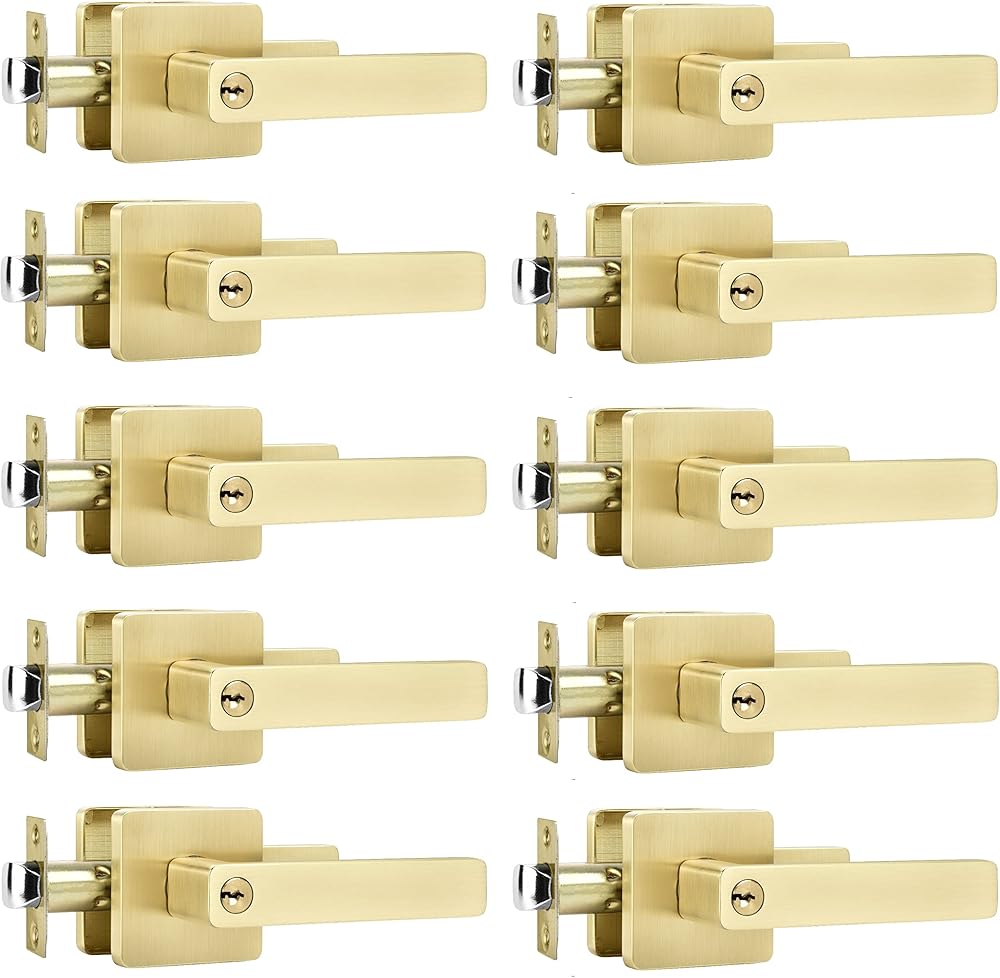 Leydebong 10 Pack Gold Door Handles, Entry Door Levers with Keys Heavy Duty Door Lock Modern Contemporary Design for Home Bedroom or Bathroom Interior or Front Exterior Doors