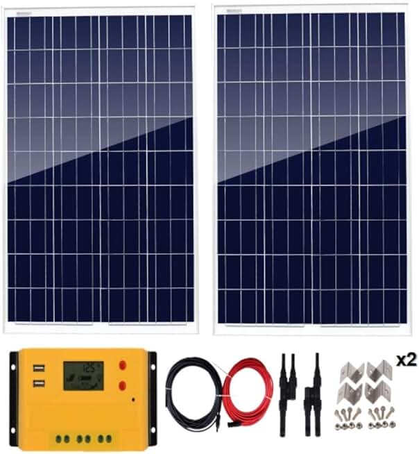 200 Watt Solar System Kit / 2 Pcs Polycrystalline Solar Panels with Solar Charge Controller Cable Battery Charger for for RV Boat Cabin Tent Car, Off-Grid System