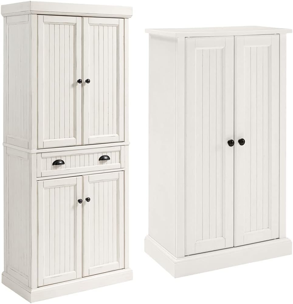 Crosley Furniture Seaside Kitchen Pantry Cabinet and Accent Cabinet Bundle - Distressed White