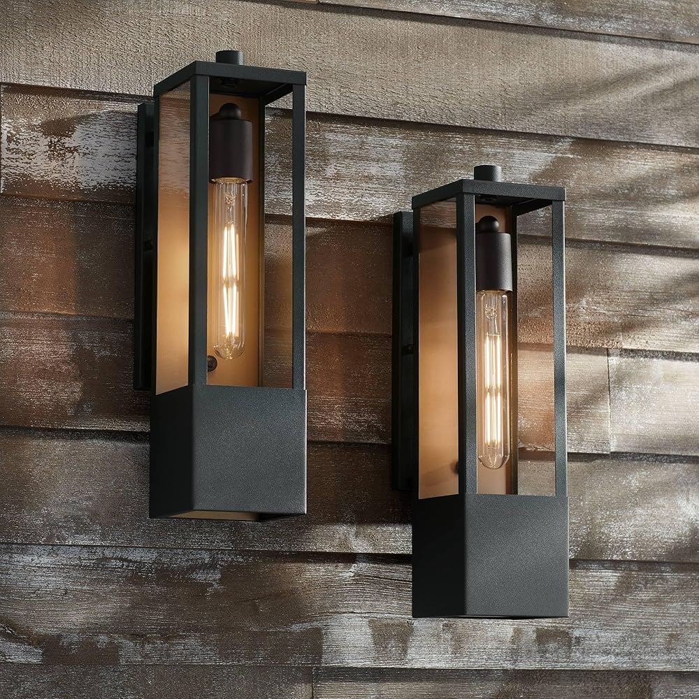 Possini Euro Design Berk Modern Outdoor Wall Light Fixtures Set of 2 Textured Black Gold Metal Box Frame 16