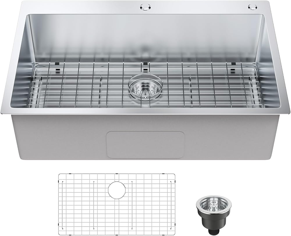 VEVOR Kitchen Sink, 304 Stainless Steel Drop-In Sinks, Top Mount Single Bowl Basin with Accessories, Household Dishwasher Sinks for Workstation, RV, Prep Kitchen, and Bar Sink, 33 inch