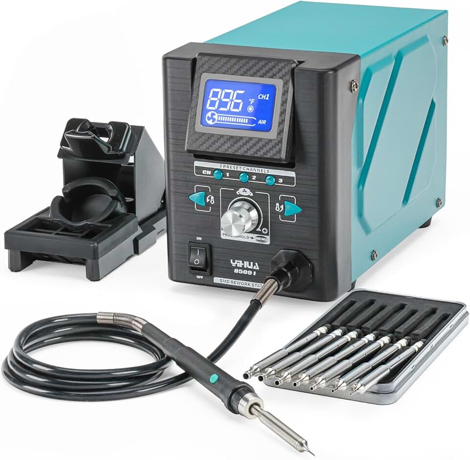 YIHUA 8509-I Precision Hot Air Rework Station, Hot Air Station with Rapid and Precision Heating, Tiltable Display, 3 Pre-set channels, 8 Hot Air Nozzles for SMD Hot Air Rework and Repair