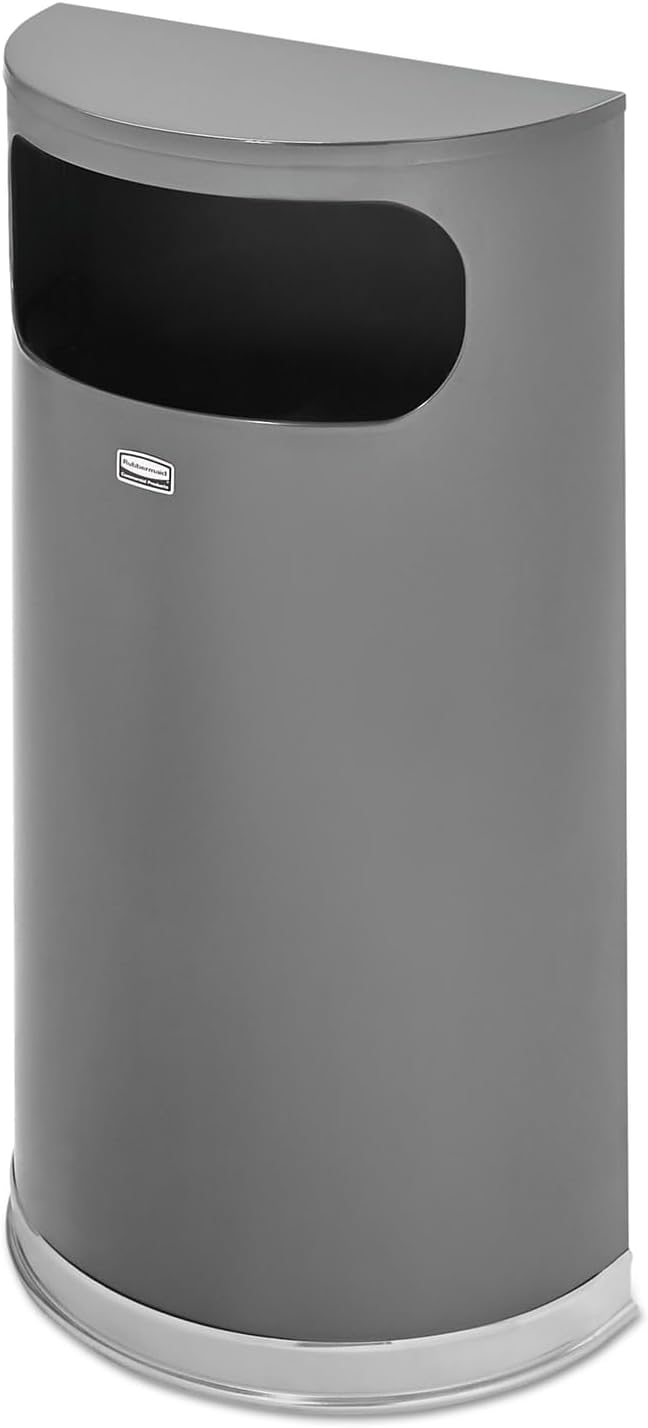 Rubbermaid Commercial Products Half-Round Steel Trash Can, 9-Gallons, Anthracite, Side Opening Indoor/Outdoor Garbage Can for Lobby/Office/School/Restaurant