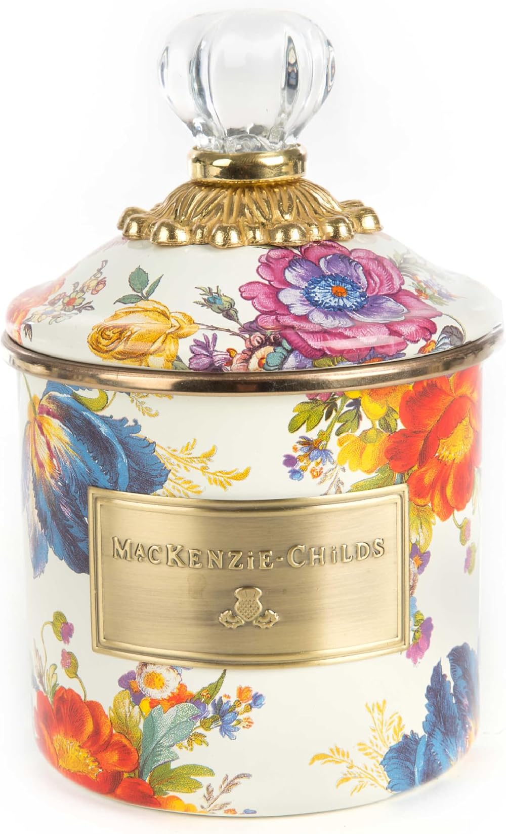 MACKENZIE-CHILDS Demi Enamel Canister, Kitchen Storage Container for Sugar or Loose-Leaf Tea, 24 Ounces, White Flower Market