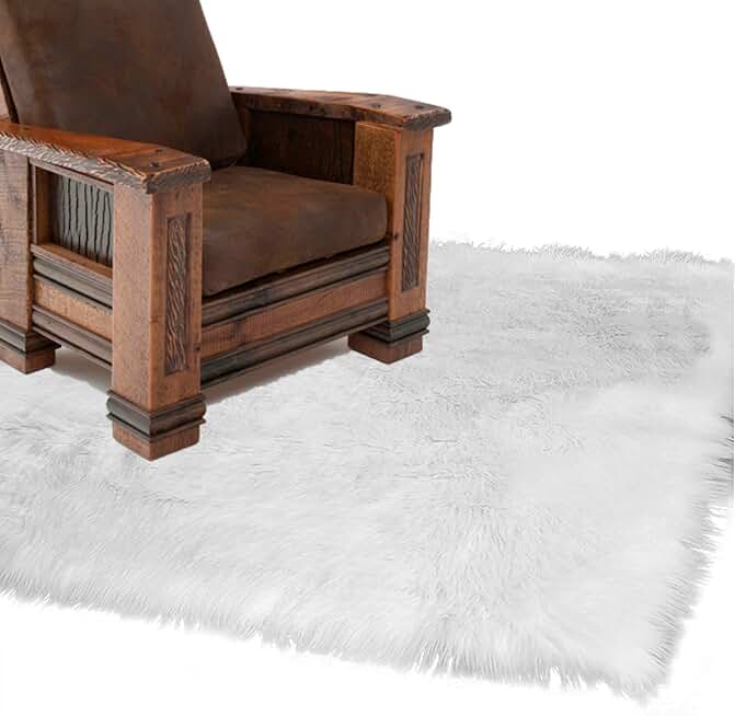 Fur Accents Faux Fur Shaggy Area Rug Rectangle | Super Soft, Plush & Smooth Sheepskin, Thick & Comfy Padding | Use As Home Carpet, Throw Blanket, (4x5, White)
